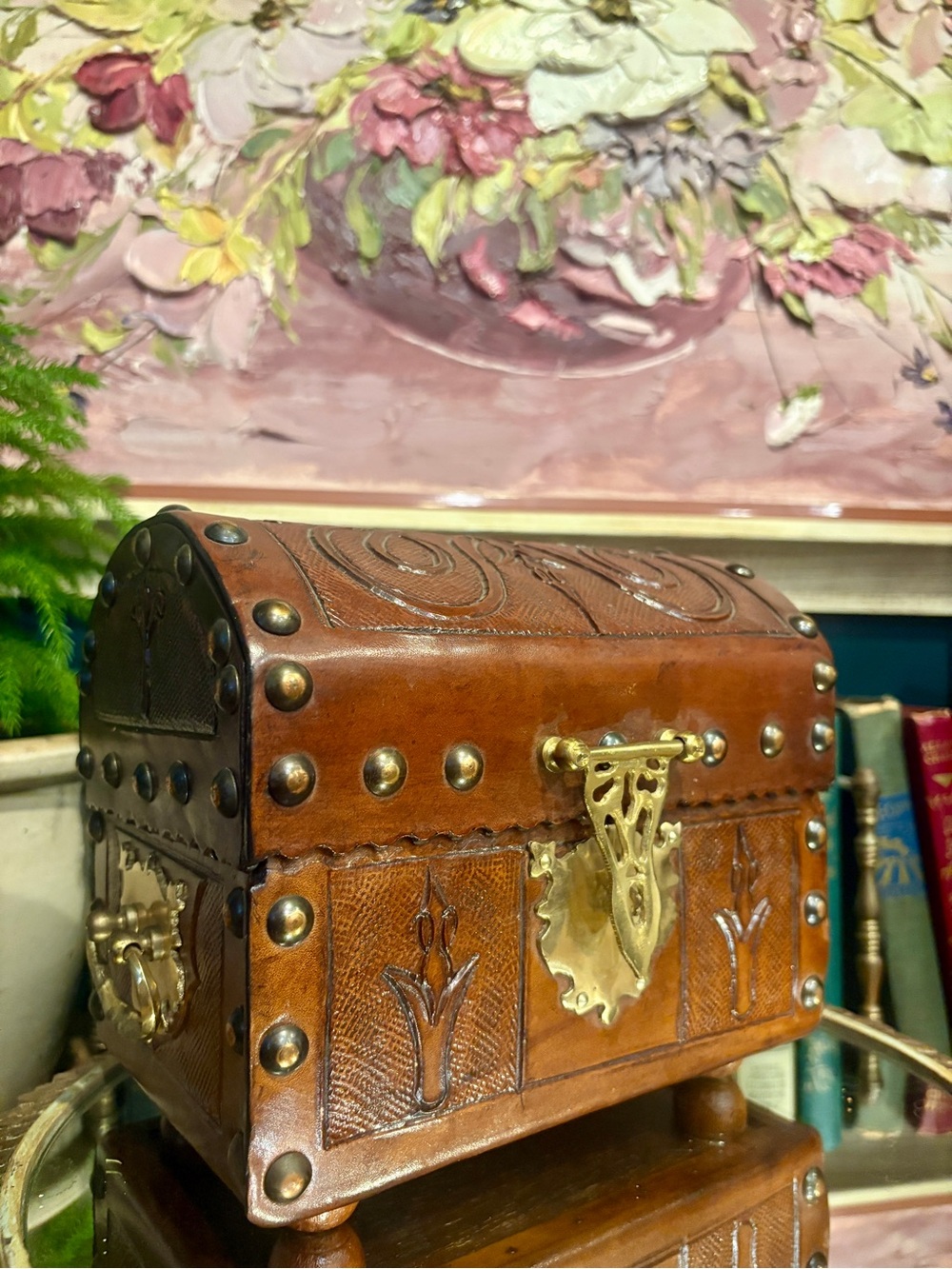 Vintage Brown Leather Jewelry Trunk with Brass Hardware